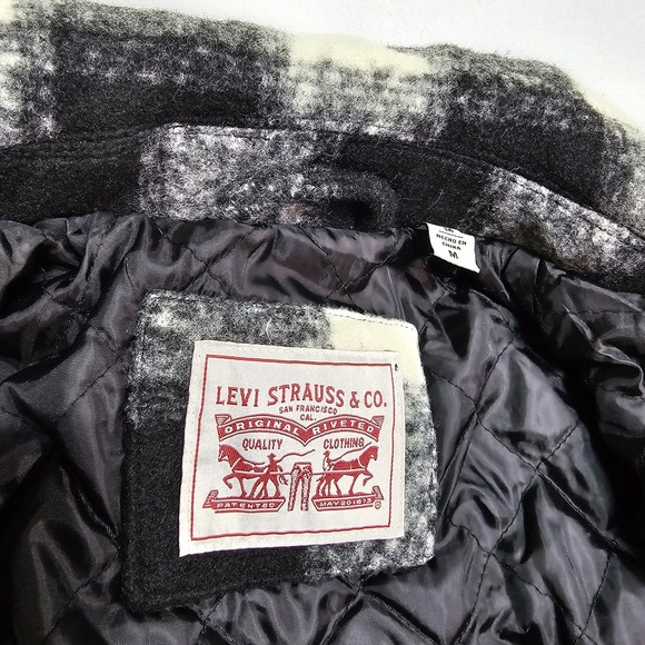 Levi's Flannel Trucker Jacket Womens M Buffalo Plaid Check Quilted Lined Black - Picture 5 of 15